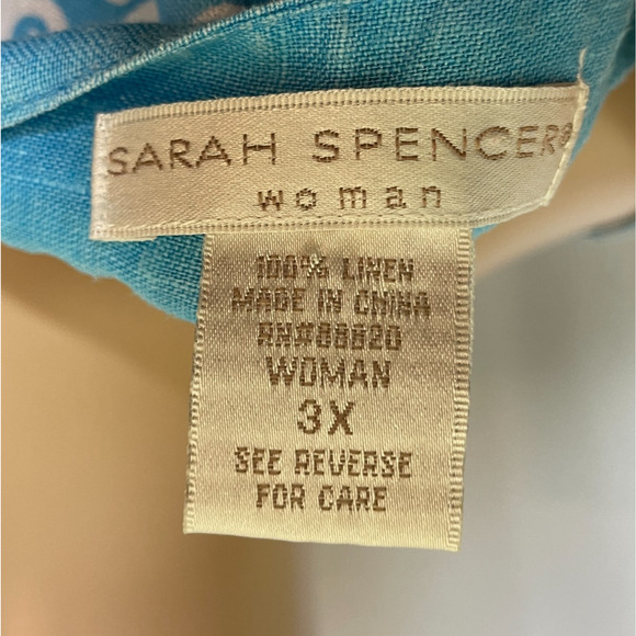 Women's 3X Sarah Spencer 100% Linen Blue Ikat Patterned Tunic Pullover Blouse - Picture 4 of 4